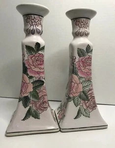 Porcelain Flowered Candlesticks Used - Picture 1 of 3
