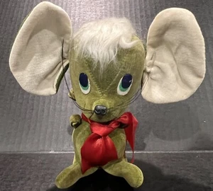 Vintage Christmas Mouse Bow Tie Green Velvet White Ears Fur Kamar 1966 Japan - Picture 1 of 7