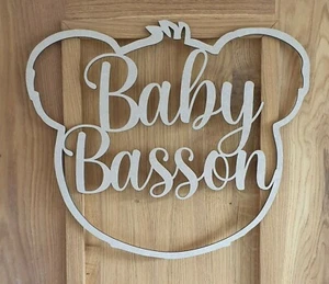 Personalised Wooden Bear Head Script Name Hoop Circle Sign Wall Plaque Decor - Picture 1 of 4