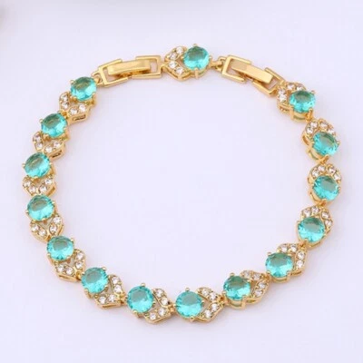New 6MM Round Paraiba Green Citrine Gemstone Charm Women Girl Bracelet Gold - Image 1 of 4