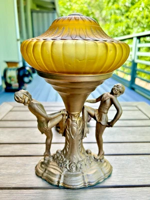 Vintage Art Deco Dncers Metal Boudoir Lamp Amber Glass Globe Shade 10 1/2"Tall - Image 1 of 4