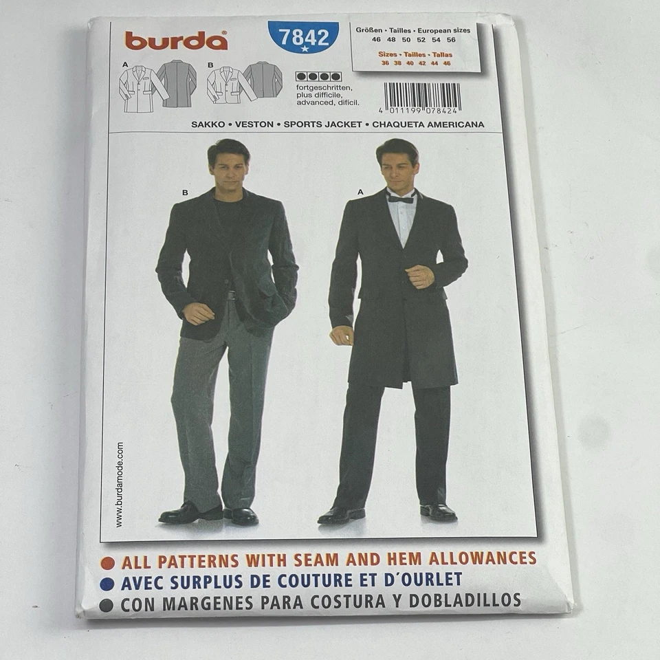 Burda Sew Pattern  7842 S 36-46 Men Fitted Sport Jacket Elegant Classic Uncut - Image 1 of 4