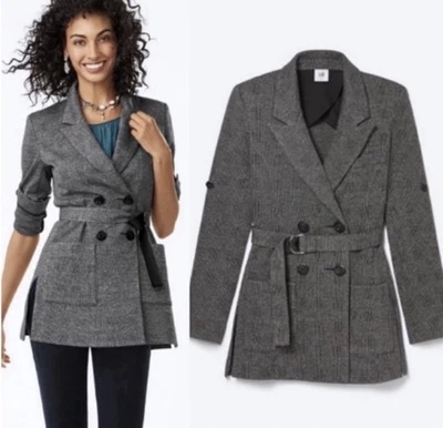 Blazer feminino CAbi Bond 3728 pequeno tweed peito duplo cinza xadrez sem cinto excelente estado usado - Imagem 1 de 4