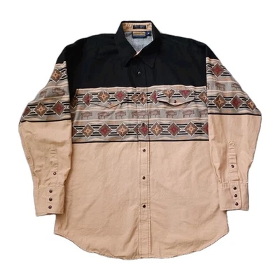 Panhandle Slim Shirt Mens Large Beige Black Pearl Button Up Snap Aztec Bison Y2K - Image 1 of 4