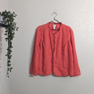 Chaqueta Blazer Chico's 100% Lino Rosa Coral Frente Abierto Volantes Borde Transpirable XL Foto 1 de 4