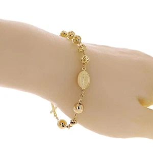 Italian 14k Yellow Gold Diamond-Cut Beaded Rosary Bracelet 7.25" 5mm 6 grams - Picture 1 of 5