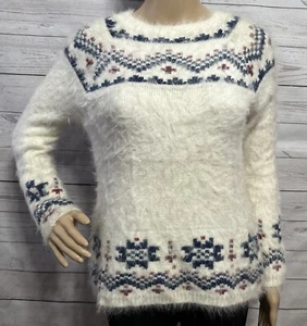 Vintage Fair Isle Pullover Medium weiß rot blau flauschiger Strick warm kuschelig ohne Etikett - Bild 1 von 12