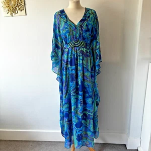 M & S Per Una Blue Green Floral Floaty Kaftan Maxi Dress Boho Holiday Size 14 - Picture 1 of 19