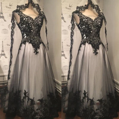 Gothic Black Wedding Dresses Lace Appliques A Line V Neck Bridal Floor Length - Image 1 of 4