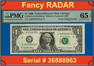 1999 $1 Federal Reserve Note PMG 65EPQ wanted popular fancy radar Fr 1925-G - Picture 1 of 3
