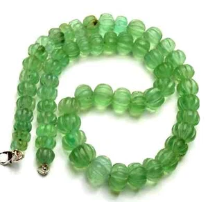 Natural Green Fluorite 10- 14 mm Carved Muskmelon Shape Beads 20" Necklace - Picture 1 of 5