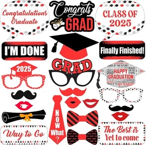 Red Graduation Photo Booth Props 2025 - Pack of 23 | Red & Black Graduation Deco - Picture 1 of 8
