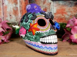 Day of the Dead Sugar Skull Ocean Sea Life Octopus Fish Handmade Mexico Folk Art - Picture 1 of 12