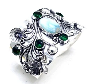 925 Sterling Silver Larimar & Chrome Gemstone Jewelry Cuff Bracelet Size-ADJ" - Picture 1 of 8