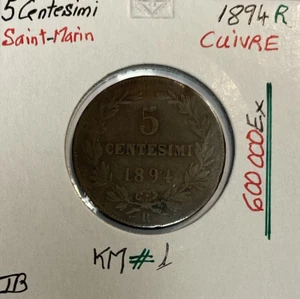 SAINT-MARIN - 5 CENTESIMI 1894R - Pièce de Monnaie en Cuivre // Qualité : TB - Picture 1 of 2