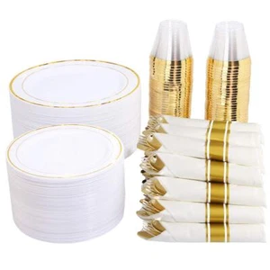 WELLIFE 350 Pieces Gold Plastic Plates - Disposable Silverware and Cups Inclu... - Picture 1 of 8