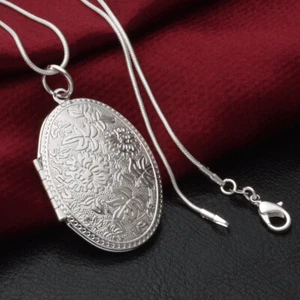 New 925 Sterling silver Large Oval Carved Open Photo Locket+Chain set - Picture 1 of 7