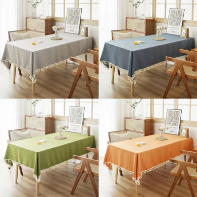 Beigefarbene Leinentischdecke Mit Fransen Und Pompons Für Esstisch Küche с - Bild 1 von 4