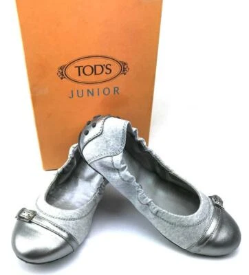 TOD'S Girls' Heather Gray Ballet Flats with Pewter Leather Heel Toe US SZ 1 NEW! - Image 1 of 4