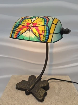 Vintage Butterfly Desk Lamp Stained Glass Tiffany Style Light Electric Banker - Image 1 of 4
