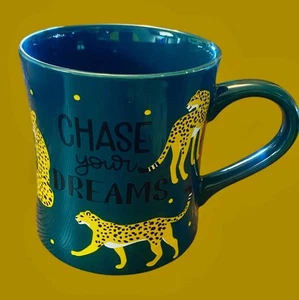 Coffee Mug Cheetah “ Chase Your Dreams” Teal Green Ceramic 16 Oz. Tea Leopard - Picture 1 of 1