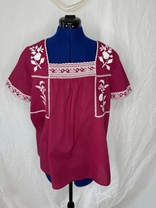 Dark Pink Boho Blouse L  100% Cotton Vintage Embroidered Peasant Cottage Core  - Picture 1 of 12
