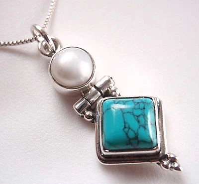 Cultured Pearl and Turquoise 925 Sterling Silver Necklace Corona Sun Jewelry - Image 1 of 2