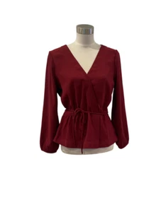 Camicetta camicia top manica intera nuova senza etichette J Crew marrone bordeaux finto avvolgente 6 8 M - Foto 1 di 5