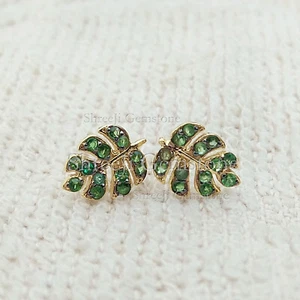 0.38 Ct Natural Emerald Monstera Leaf Stud Earrings Yellow Gold 14k Jewelry Gift - Picture 1 of 10