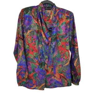Vintage 80s Jean De Pierre Women’s Blouse Size 8 Artsy Colorful Jabot Collar - Picture 1 of 11