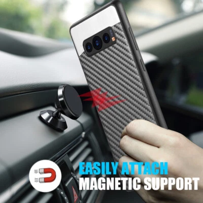 For Samsung Galaxy S10 / S10+ Plus - Magnetic Back Carbon Fiber Black Case Cover - Image 1 of 4