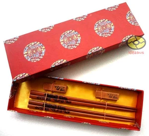 GIFT SET 2 Pairs Chopsticks/Rests/Gift Box wooden Features Chinese Dragon design - Picture 1 of 5
