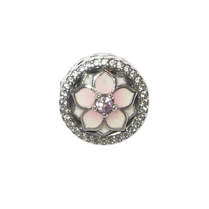 Pandora Magnolia Bloom Creamy/Pink Enamel Pink/Clear CZ & .925 Charm 792085PCZ - Picture 1 of 5