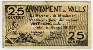 # SPAIN CIVIL WAR 1937 • VALLS 25 CENTS MUNICIPAL ☆ GUERRA CIVIL ESPAÑOLA ☆D1122 - Picture 1 of 2