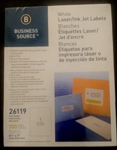 Business Source Mailing Labels Full Sheet Laser 8-1/2"x11" 100/PK White 26119 - Picture 1 of 4
