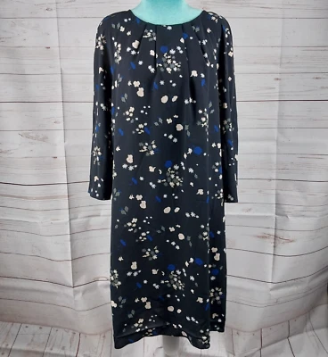 Ann Taylor Blue White Floral Midi Dress Womens Sz Large Long Sleeve Pleated Neck - Image 1 of 4