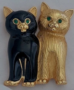 Vintage Swarovski Green Eyed Black & Gold Cat Kitten Pin Brooch - Picture 1 of 6