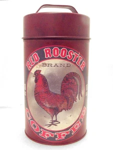RED ROOSTER COFFEE Canister Metal Tin Dark Red Decorative 7 ½” Tall - Picture 1 of 9