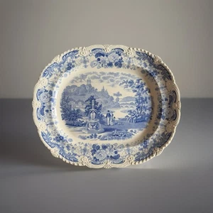 Seltene antike Transferware Fleischplatte Robert May Vogelbrunnen, um 1830 - Bild 1 von 5