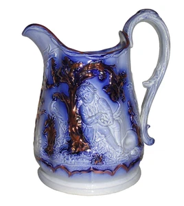 Antica brocca blu flusso ~ lucentezza rame ~ scena ragazzo nella natura ~ altezza 8,25" - Foto 1 di 10