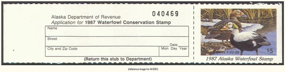 HALFPRICEDUCK Alaska Duck Stamp 1987 $5.00 Hunter w/tab - Image 1 of 1