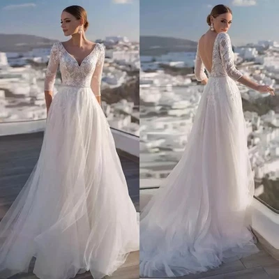 Elegantes vestidos de novia línea A cuello en V mangas 3/4 apliques de encaje vestidos de novia Foto 1 de 4