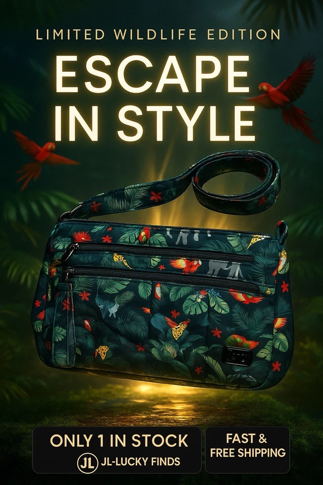 Bolso Bandolera Lug Stretch Vida Silvestre Negro Selva Estampado de Loro Cartera Acolchada Nuevo con Etiquetas Foto 1 de 4