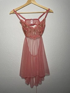 Victorias Secret Babydoll Lingerie Womens Small Pink Gold Lace Sheer Mesh - Picture 1 of 7