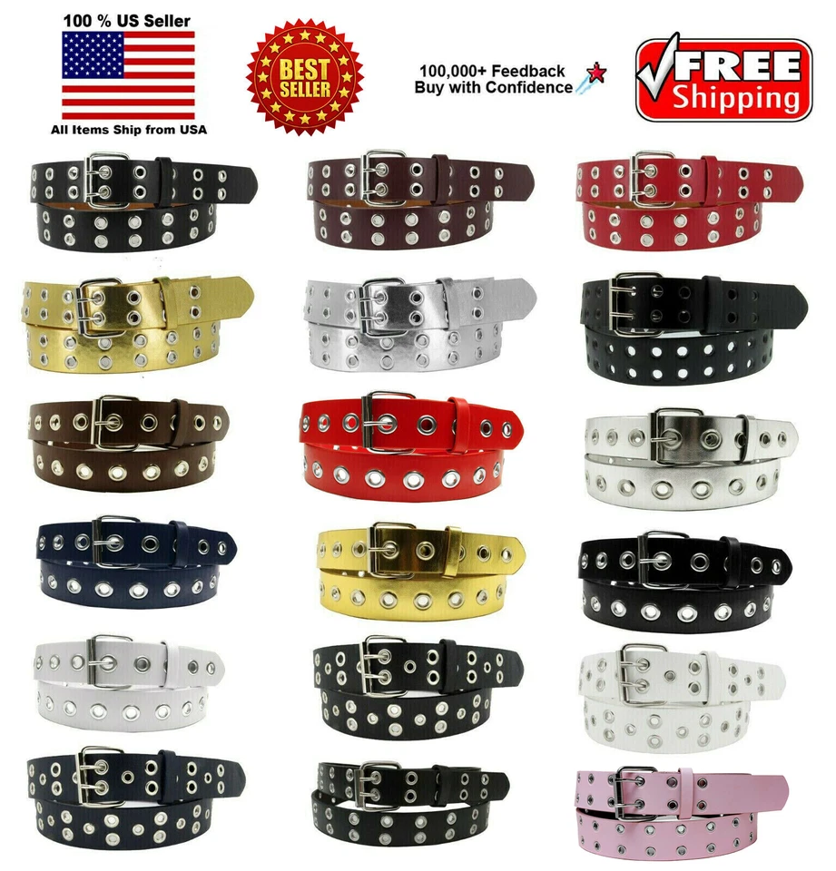 Men Women Unisex 1, 2 Holes Row Grommet Bonded Leather Belt Removable Buckle - Image 1 of 1