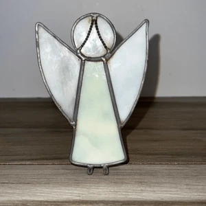 Vintage Hand Crafted Heavy Stained Glass And Metal Art Angel Pale Yellow/ White - Picture 1 of 10