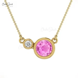 0.5 CT Pink Sapphire & Diamond Necklace 14K Solid Gold Bezel Set Wedding Jewelry - Picture 1 of 22