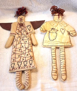 Primitive~Folk-art~Handmade Flat Doll~Lot Of 2 Embroidered ~Rustic~ Farm House - Picture 1 of 4