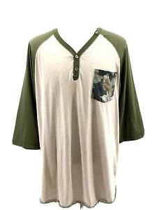 LRG L-R-G 3/4 Sleeve Henley Baseball Shirt Camo Pocket Raglan Beige Green Sz 3XL