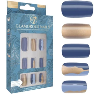 W7 Glamorous Nails - Gifted Shiny False Fake Stick On Glue Included Blue Gold - Picture 1 of 2